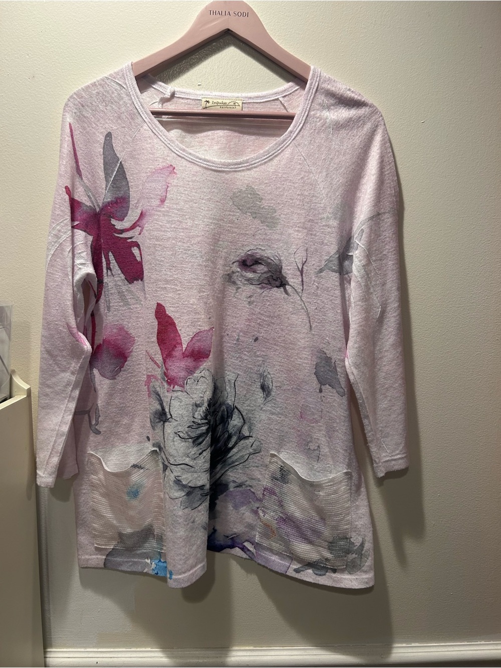 Impulse California Women’s Floral Tunic Top Pink Lavender Long Sleeve Artsy Boho